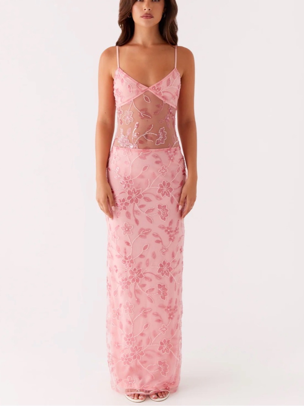 Peppermayo Pink Floral Embroidered Sheer Maxi Dress